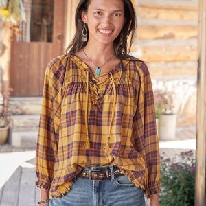 Sundance Perfectly Plaid Balloon Sleeve Fringe Boho Peasant Top Size XL